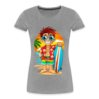 Fröhlicher Surfer mit Surfbrett am Strand. - Frauen Premium Bio T-Shirt - Grau meliert - Vorne - Mia (176cm)