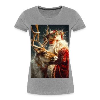 Winterliche Umarmung des Weihnachtsmanns und der Rentiere - Frauen Premium Bio T-Shirt - Grau meliert - Vorne - Mia (176cm)