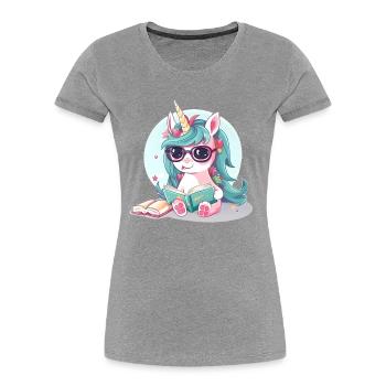 Einhorn liest ein Buch - Frauen Premium Bio T-Shirt - Grau meliert - Vorne - Mia (176cm)