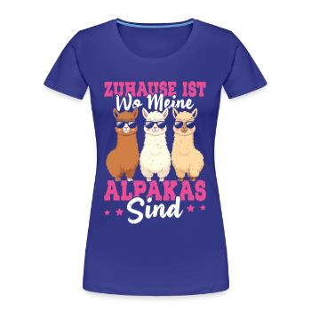 Alpaka Fan ZUHAUSE IST WO MEINE ALPAKAS SIND - Frauen Premium Bio T-Shirt - Königsblau - Vorne - Mia (176cm)