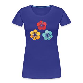 Trio d’hibiscus – Fleurs vintage (rouge, jaune, turquoise) - T-shirt bio Premium Femme - bleu roi - Devant - Mia (176cm)