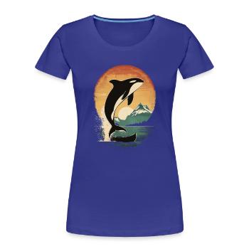 Orque baleine coucher de soleil Vintage mer Nature - T-shirt bio Premium Femme - bleu roi - Devant - Mia (176cm)