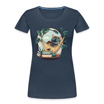 Cat Book Lover - Women's Premium Organic T-Shirt - navy - Front - Mia (176cm)
