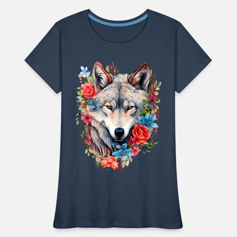 Wolf mit Blumen Mädchen Frauen Premium Bio T-Shirt