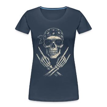 Rock Musik, Totenkopf, Rock Hand, Heavy Metal - Frauen Premium Bio T-Shirt - Navy - Vorne - Mia (176cm)