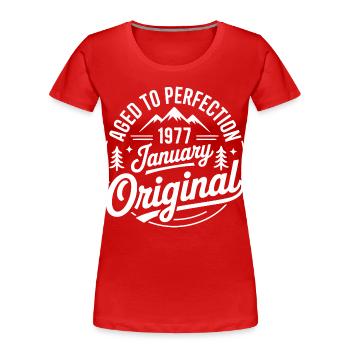 janvier 1977 – Édition outdoor aventure vintage  - T-shirt bio Premium Femme - bleu marine - Devant - Mia (176cm)