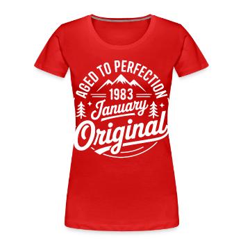 janvier 1983 – Édition outdoor aventure vintage  - T-shirt bio Premium Femme - bleu marine - Devant - Mia (176cm)