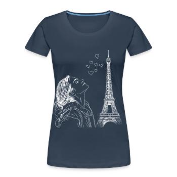 Paris Tour Eiffel France Femme Coeurs Line Art - T-shirt bio Premium Femme - bleu marine - Devant - Mia (176cm)