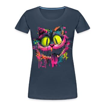Bunte Psychedelische Grinsekatze Street Art Style - Frauen Premium Bio T-Shirt - Navy - Vorne - Mia (176cm)