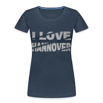 Hanovre Allemagne City Font Skyline J’aime - T-shirt bio Premium Femme - bleu marine - Devant - Mia (176cm)