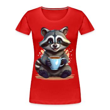 A happy raccoon with a cup of coffee - Women's Premium Organic T-Shirt - navy - Front - Mia (176cm)