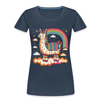 Flippiges Alpaka mit bunten Regenbogen-Streifen - Frauen Premium Bio T-Shirt - Navy - Vorne - Mia (176cm)