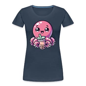 Poulpe à boire Bubble Tea kawaii Boba Octopus - T-shirt bio Premium Femme - bleu marine - Devant - Mia (176cm)