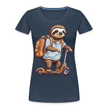 Premier jour d’inscription d’un élève paresseux - T-shirt bio Premium Femme - bleu marine - Devant - Mia (176cm)