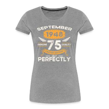 Millésime Septembre 1948 75ème Anniversaire Millésime - T-shirt bio Premium Femme - bleu marine - Devant - Mia (176cm)