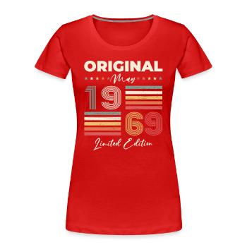 Date de naissance 1969 Mai 1969 Millésime 1969 Légende 69 - T-shirt bio Premium Femme - bleu marine - Devant - Mia (176cm)