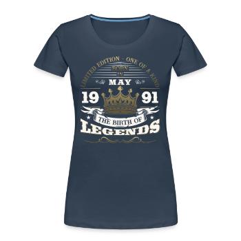 Légendes Mai 1991 Millésime 1991 Anniversaire 1991 - T-shirt bio Premium Femme - bleu marine - Devant - Mia (176cm)
