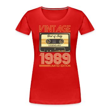 Cassette 35ème anniversaire juillet 1989 Millésime 1989 - T-shirt bio Premium Femme - bleu marine - Devant - Mia (176cm)