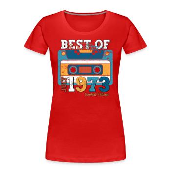 Cassette 51ème anniversaire Juillet 1973 Millésime 1973 - T-shirt bio Premium Femme - bleu marine - Devant - Mia (176cm)