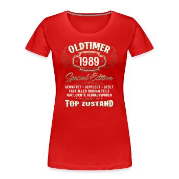 35ème Anniversaire Voiture Classique Décembre 1989 Millésime 89 - T-shirt bio Premium Femme -  - Devant - Mia (176cm)