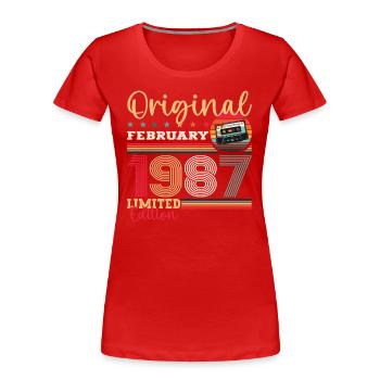 Cadeau d'anniversaire 38 ans Homme Original Février 1987 - T-shirt bio Premium Femme - bleu marine - Devant - Mia (176cm)