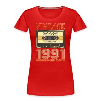 34ème anniversaire cassette cadeau mari avril 1991 - T-shirt bio Premium Femme - bleu marine - Devant - Mia (176cm)