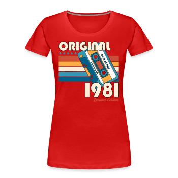 Cassette 44ème Anniversaire Juillet Millésime 1981 - T-shirt bio Premium Femme - bleu marine - Devant - Mia (176cm)