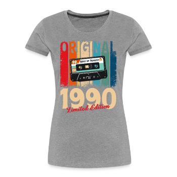 35ème Anniversaire Cassette Homme Original Août 1990 - T-shirt bio Premium Femme - bleu marine - Devant - Mia (176cm)