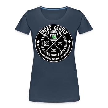 Schonend behandeln Unikat 45 | Farben änderbar - Frauen Premium Bio T-Shirt - Navy - Vorne - Mia (176cm)