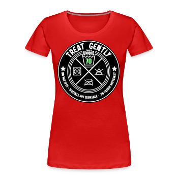 Schonend behandeln Unikat 70 | Farben änderbar - Frauen Premium Bio T-Shirt - Navy - Vorne - Mia (176cm)