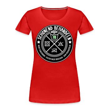 Schonend behandeln Unikat 70 | Farben änderbar - Frauen Premium Bio T-Shirt - Navy - Vorne - Mia (176cm)