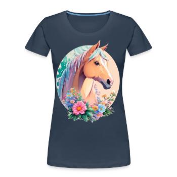 Pastell Farben Pony Pferd Kunst mit Blumen - Frauen Premium Bio T-Shirt - Navy - Vorne - Mia (176cm)