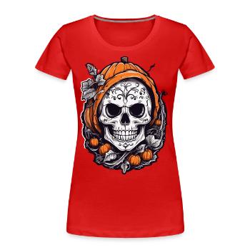 Crâne de citrouille Halloween Octobre Fun - T-shirt bio Premium Femme - bleu marine - Devant - Mia (176cm)