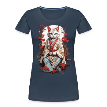 Japanische Kimono Katze Ukiyo-E Katzen Design - Frauen Premium Bio T-Shirt - Navy - Vorne - Mia (176cm)