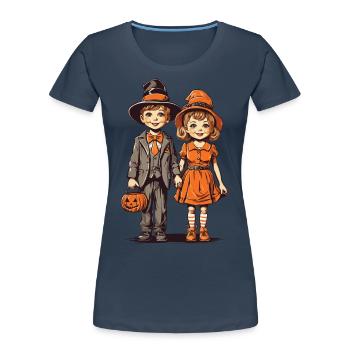 Retro Halloween Trick or Treat Kinder Design - Frauen Premium Bio T-Shirt - Navy - Vorne - Mia (176cm)