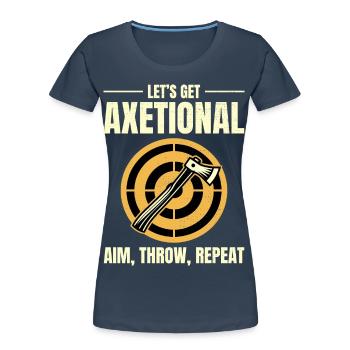 Axe axe de lancer Bullseye Aim Throw Repeat - T-shirt bio Premium Femme - bleu marine - Devant - Mia (176cm)