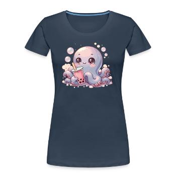 Poulpe à boire Bubble Tea kawaii Boba Octopus - T-shirt bio Premium Femme - bleu marine - Devant - Mia (176cm)