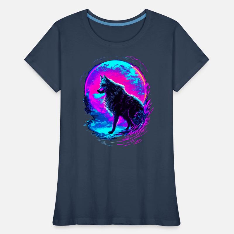 Wolf Neon Moon Synthwave Frauen Premium Bio T-Shirt