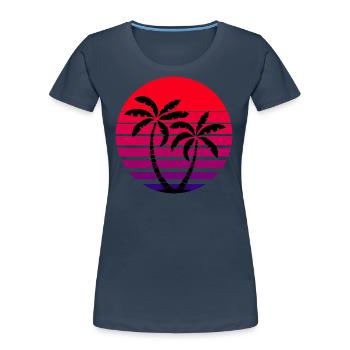 Rétro Vaporwave Sunset Palmiers Années 80 - T-shirt bio Premium Femme - bleu marine - Devant - Mia (176cm)