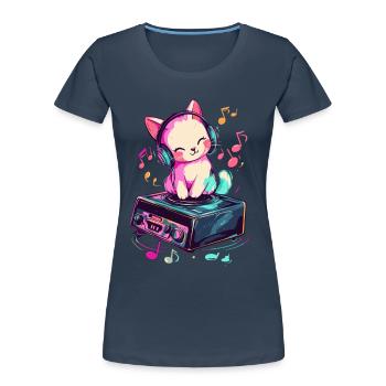 Cute cat with headphones listening to music - Women's Premium Organic T-Shirt - navy - Front - Mia (176cm)