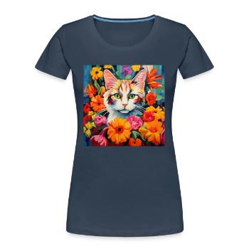 Katze, katzenmotiv, blumen, geschenk, geschenkidee - Frauen Premium Bio T-Shirt - Navy - Vorne - Mia (176cm)