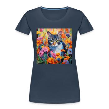 chat, motif de chat, fleurs, cadeau, idée cadeau - T-shirt bio Premium Femme - bleu marine - Devant - Mia (176cm)