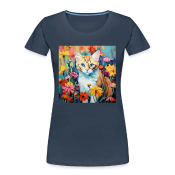 Katze, katzenmotiv, blumen, geschenk, geschenkidee - Frauen Premium Bio T-Shirt - Navy - Vorne - Mia (176cm)