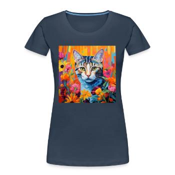 chat, motif de chat, fleurs, cadeau, idée cadeau - T-shirt bio Premium Femme - bleu marine - Devant - Mia (176cm)