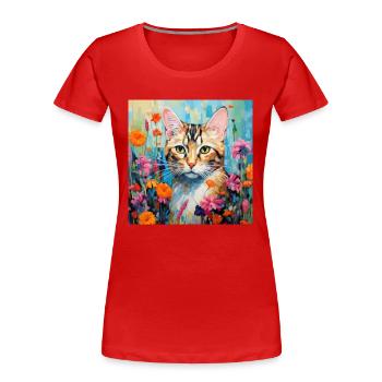 chat, motif de chat, fleurs, cadeau, idée cadeau - T-shirt bio Premium Femme - bleu marine - Devant - Mia (176cm)