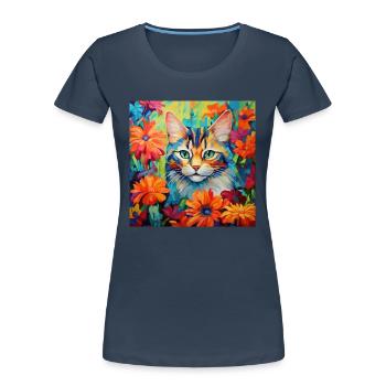 Katze, katzenmotiv, blumen, geschenk, geschenkidee - Frauen Premium Bio T-Shirt - Navy - Vorne - Mia (176cm)