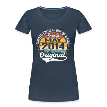 Mai 2014 Cadeau d’anniversaire Né en Mai 2014 - T-shirt bio Premium Femme - bleu marine - Devant - Mia (176cm)