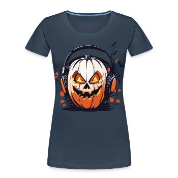 Halloween Musik Kürbis Kopfhörer Spaß Design - Frauen Premium Bio T-Shirt - Navy - Vorne - Mia (176cm)