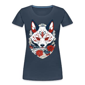 Japanese Kitsune Yokai Ukiyo-E Streetwear - Women's Premium Organic T-Shirt - navy - Front - Mia (176cm)