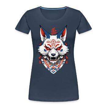 Kitsune Ukiyo-E Kanji Vintage Japan Streetwear - Frauen Premium Bio T-Shirt - Navy - Vorne - Mia (176cm)